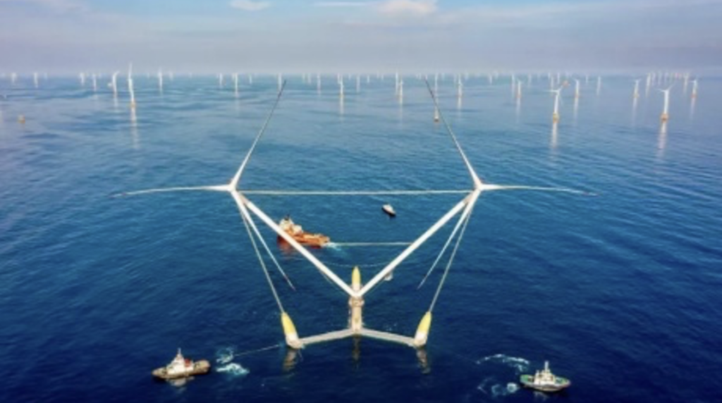 A floating wind power platform with two turbines shows higher power generation capacity