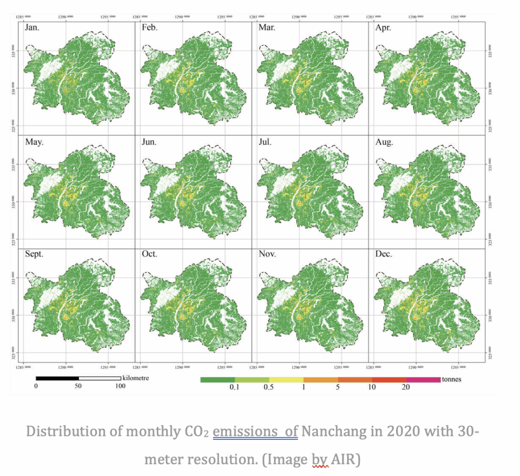 A satellite-powered map shows Nanchang city’s CO2 emissions at 30 m resolution